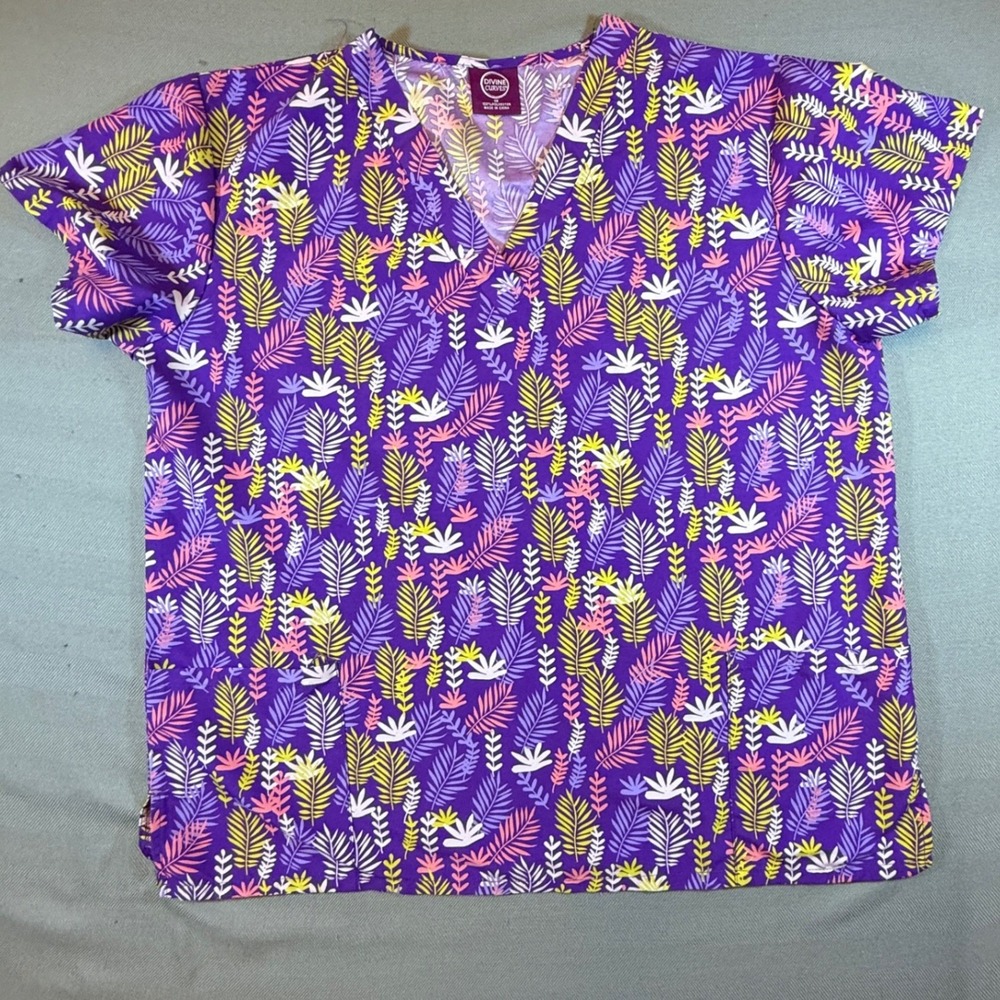 Divine Curves Purple Tropical Leaf Print Scrub Top V-Neck VW-5164F-3018M 1X 2084